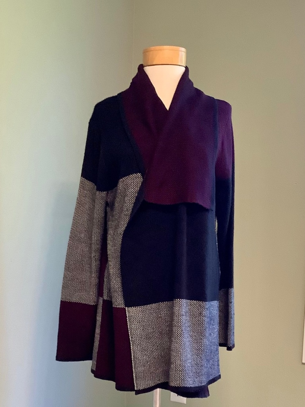 Women’s Colorblock Shawl Collar Sweater - Black, Gray & Plum